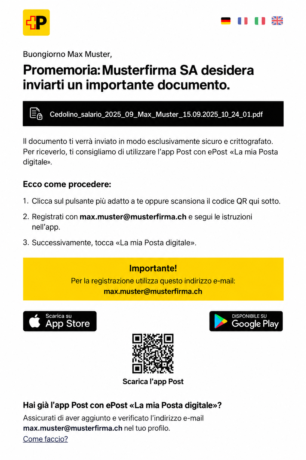 Italienische Swiss-Post-E-Mail mit QR-Code